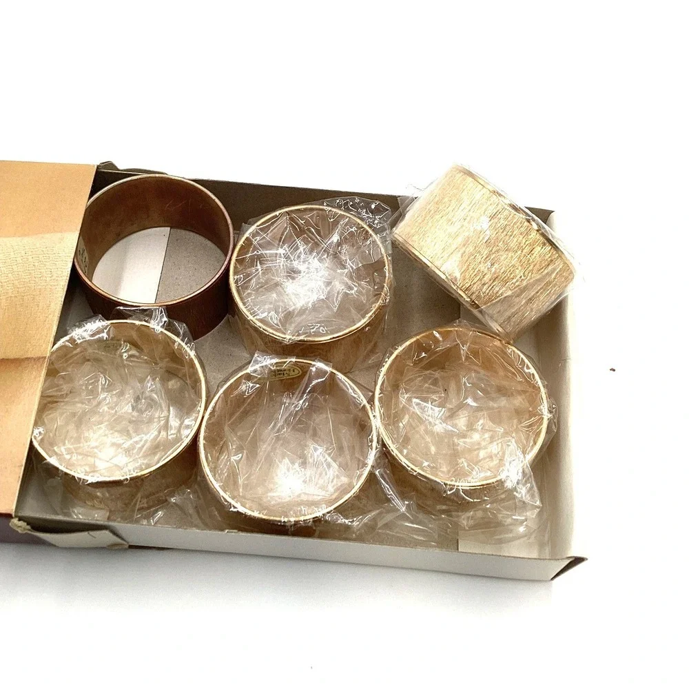 Vintage Solid Brass Napkin Rings Set of 6 Textured Gold‎ Tone M127 MCM Tableware